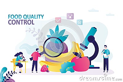 Group of biochemists check quality of products. Man with magnifying glass checks composition of fruit Vector Illustration