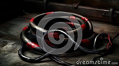 a group of black and red hoses sitting on top of a table Stock Photo