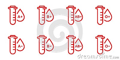 Group of Blood in Test Glass Tube Red Line Icon. Positive and Negative O, A, B, AB Types of Blood Sign Set. Sample of Vector Illustration