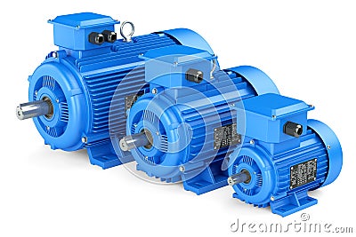 Group of blue electric industrial motors. Stock Photo