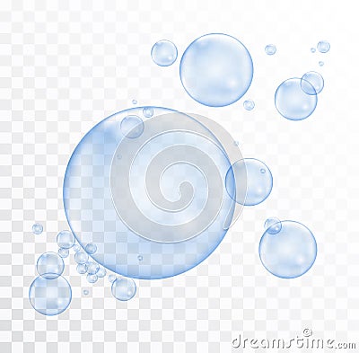 Group of blue realistic shiny flying soap bubbles isolated on transparent background Vector Illustration