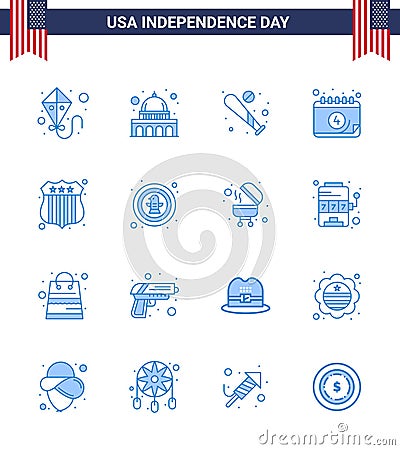 Group of 16 Blues Set for Independence day of United States of America such as investigating; day; baseball; date; american Vector Illustration