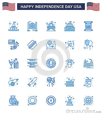 Group of 25 Blues Set for Independence day of United States of America such as scroll; landmark; house; house; place Vector Illustration