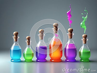 A Group Of Bottles Filled With Different Colored Liquids. Generative AI Stock Photo