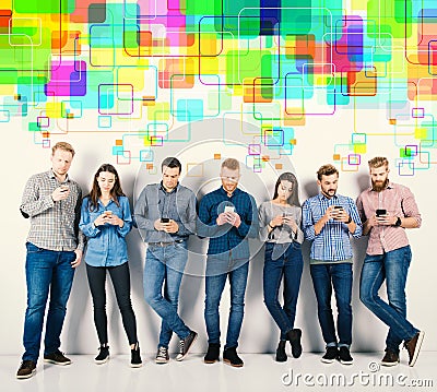 Group of boys and girls connected with their smartphones. Concept of internet and social network Stock Photo