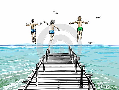 A Group Of Boys Jumping Into The Water - Group of friends jumping to the sea from the pier Vector Illustration