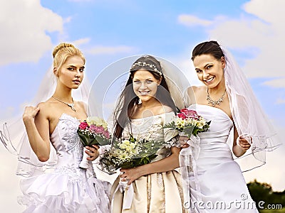 Group bride and groom summer outdoor. Stock Photo