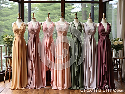 a group of bridesmaid dresses are lined up on mannequins in front of a window Stock Photo