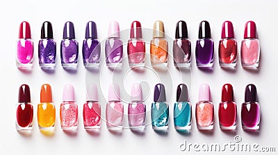 Group of bright nail polishes isolated on white. Bottles of nail polish. AI Stock Photo