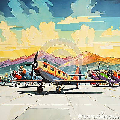 Group of Brightly Colored Airplanes in a Picturesque Airport Setting Stock Photo