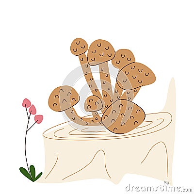 A group of brown mushrooms on a stump Vector Illustration