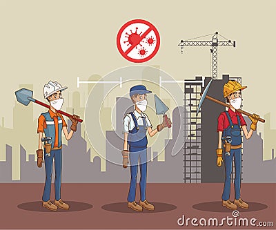 Group of builders using face mask for covid19 Vector Illustration