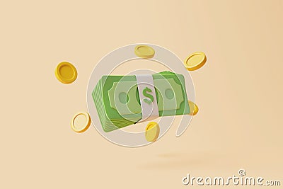 Group of Bundles of money and gold coins floating on beige background Cartoon Illustration