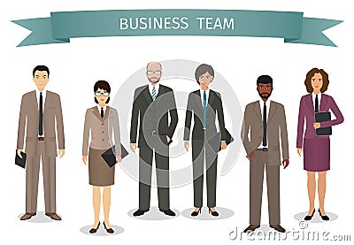 Group of business men and women standing together with award ribbon. Office male and female staff. Vector Illustration