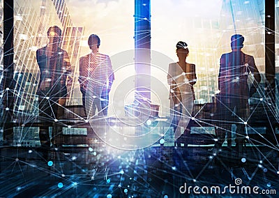 Group of business partner looking for the future with network digital effect Stock Photo