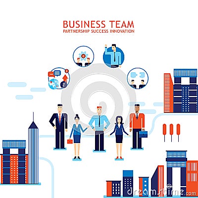 Group of business people on city background Teamwork Success concept Cartoon Illustration