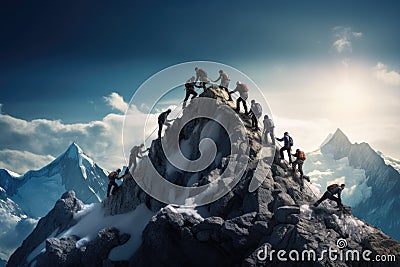 Group of business people climbing on a mountain peak. 3D Rendering, Group of people on peak mountain climbing helping team work, Stock Photo