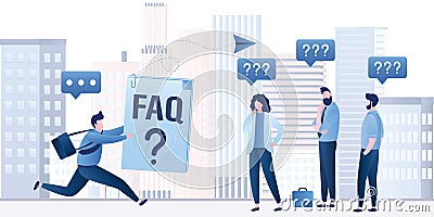 Group of business people have many questions and need help. Male manager with fast faq and support. Help line, feedback Vector Illustration