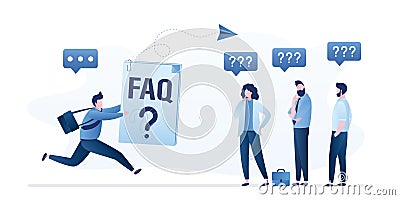 Group of business people have questions and need help. Male manager with fast support. Help line, feedback. Online user guide and Vector Illustration