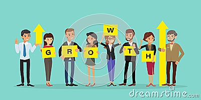 Group of business people holding board with GROWTH word and up arrow graph. Successful business growth concept illustration. Vector Illustration