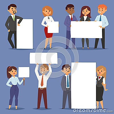 Group of business people holding presenting empty banner corporate characters vector illustration Vector Illustration