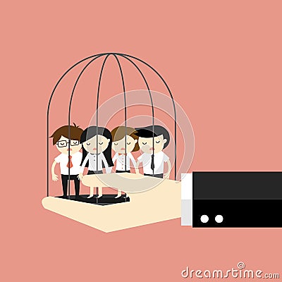 Group of business people in the jail while big hand holding the jail. Vector Illustration