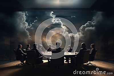 Group of business people sitting around table and looking at stormy sky, A boardroom with executives brainstorming, AI Generated Stock Photo