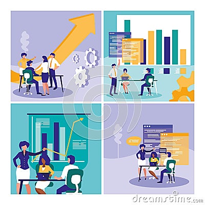 Group of business people with statistics graphic Vector Illustration