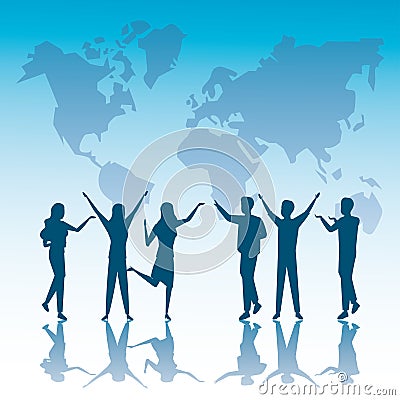 Group of business people teamwork silhouettes and earth planet maps Vector Illustration