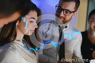 Group of business people working. Technical price graph and indicator, red and blue candlestick chart and stock trading Stock Photo