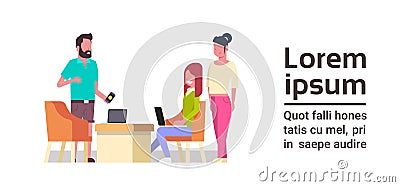 Group Of Business People Working Together Sit At Office Desk Coworking Space Concept Mix Race Workers Team Brainstorming Vector Illustration