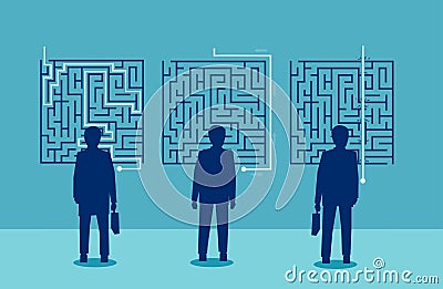 Businessmen have a different solution for a challenging labyrinth Stock Photo