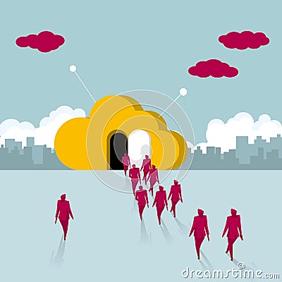 A group of businessmen walk into the cloud symbol. Vector Illustration