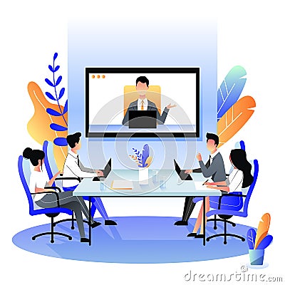 Group of businesspeople at the video conference call. Vector flat cartoon illustration. Online meeting with director Vector Illustration