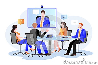 Group of businesspeople at the video conference call. Vector flat cartoon illustration. Online meeting with director Vector Illustration