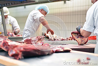 group of butchers works in a slaughterhouse and cuts freshly slaughtered meat (beef and pork) for sale and further processing as Stock Photo