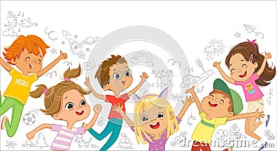 A group of Caicasian boys and girls play together, jumping and dancing fun against the background of the wall with Vector Illustration