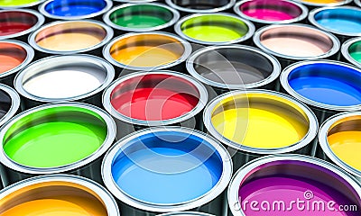 group of cans filled with coloured paint Stock Photo