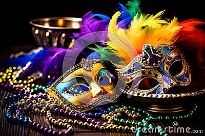 Group of carnival masks or disguises and decorations Stock Photo