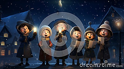 A group of carolers singing under the night sky with Stock Photo