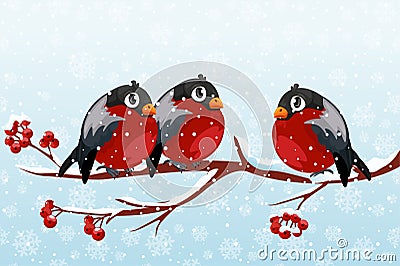 A group of cartoon bullfinches on a rowan branch. Vector Illustration