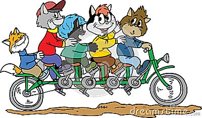 Group of cartoon cats riding a tandem bicycle vector illustration Vector Illustration