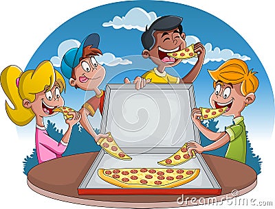Couple of cartoon people eating junk food.Group of cartoon children eating pepperoni pizza. Vector Illustration