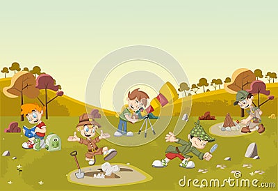 Group of cartoon explorer boys on green field Vector Illustration