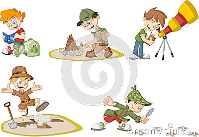 Group of cartoon explorer boys Vector Illustration