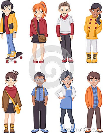 Group of cartoon fashion children. Vector Illustration