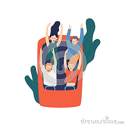 Group of cartoon friends ride roller coaster vector flat illustration. Visitors at thrilling amusement park isolated on Vector Illustration