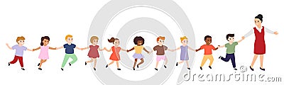 Group of cartoon happy multicultural children and educator. Girls and boys follow a woman leader, hold hands. Cute diverse kids. Stock Photo