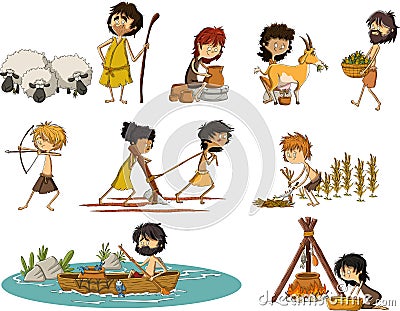 Group of cartoon neolithic people working. Vector Illustration