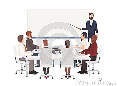 Group of cartoon people dressed in smart clothing sit around table and listen to man with pointer making presentation at Vector Illustration